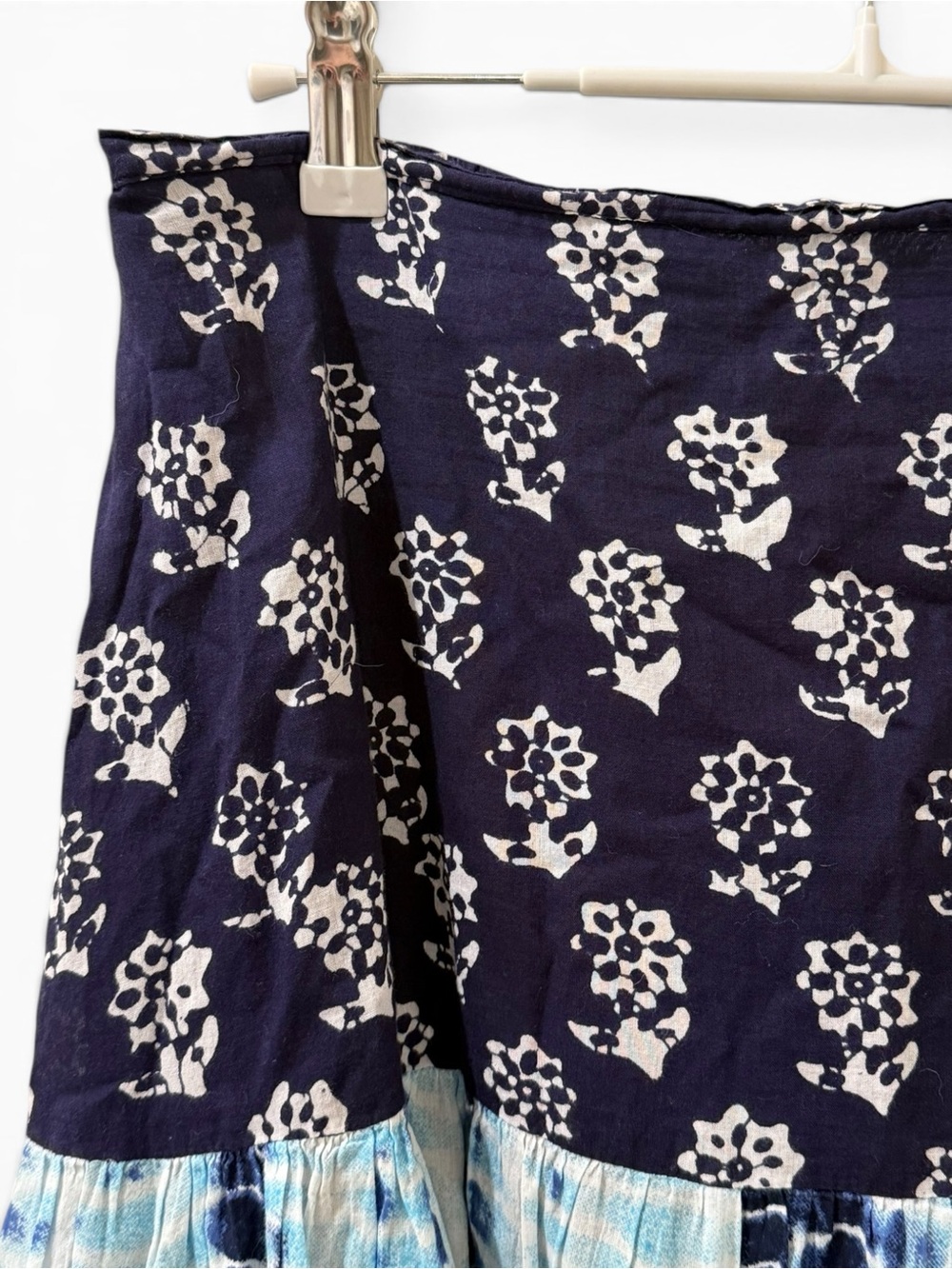Blue Patchwork Floral Block Print Shibori Tie Dye Midi Skirt L - Picture 3 of 7